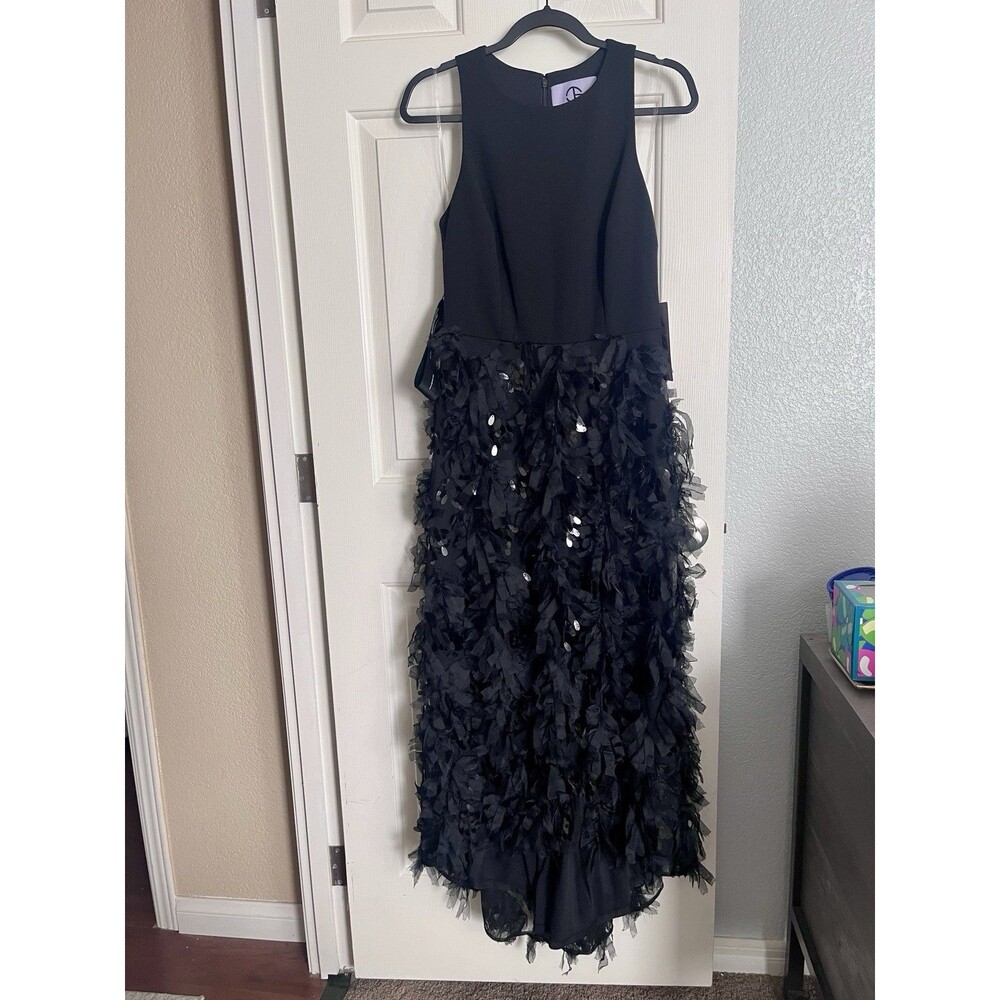 NEW JS Collections Black Long Sleeveless Hi-Low Ruffle Sequin Gown Sz 4